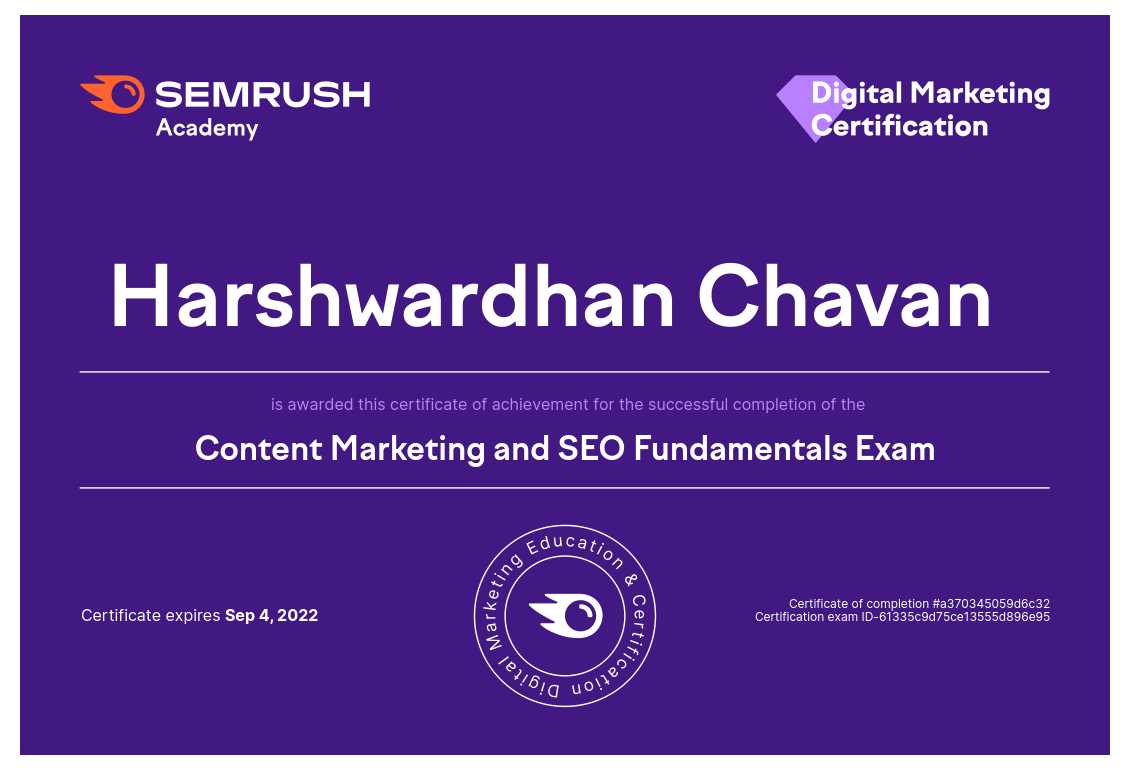 Semrush Content Marketing and SEO Fundamentals Certification